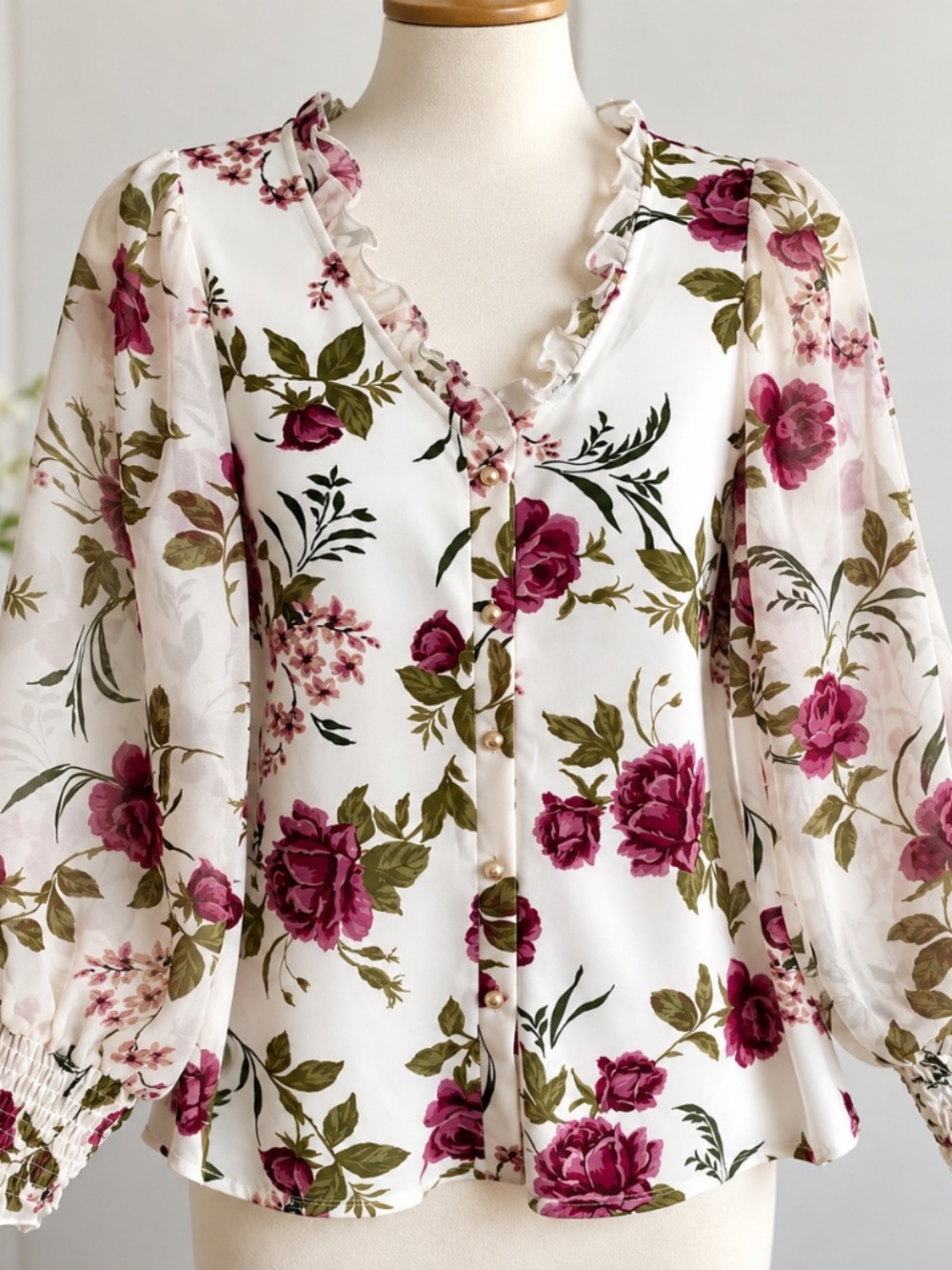Perception Concept Floral Blouse Women’s Size S Sheer Chiffon Sleeves Stretch